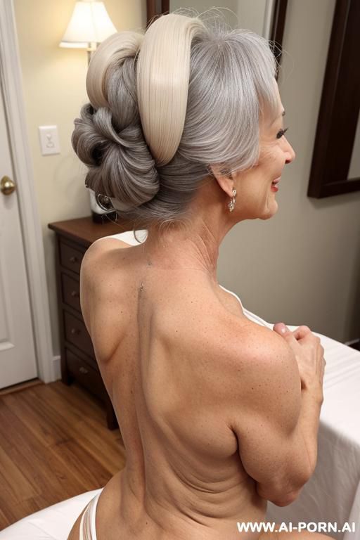 she is totally naked ,she is on her knees, she has got her arms upon her head so we can see her armpits, she as got grey hair, she is smiling, she bent back, her upper body overview, i can see her very big belly and her beautiful feet - #main