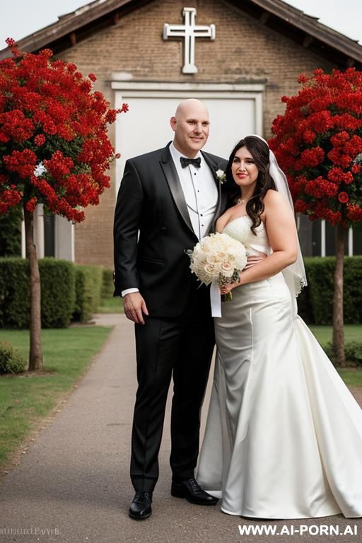 wedding picture of 5woman and 30 year old man. she is massive, fat and tall has beautiful large boobs, wears a leather wedding dress. he is tall, , almost bald and wears a leather tuxedo. - #main