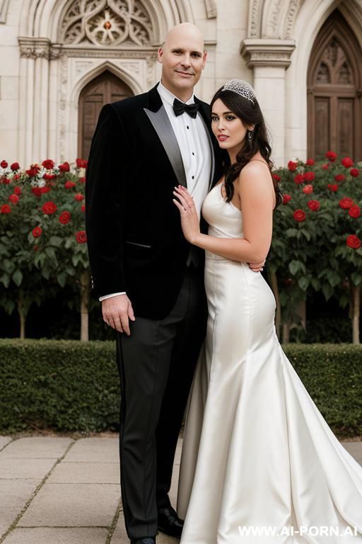 wedding picture of 5 woman and 30 year old man. she is massive, fat and tall has beautiful large boobs, wears a leather wedding dress. he is tall, almost bald and wears a leather tuxedo. - #main