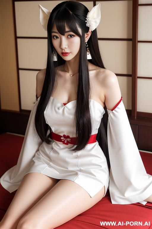 , 1woman, floppy ears, very long hair, long hair, hair ornament, large breasts, thighs, japanese clothes, japanese clothes, bare shoulders, detached sleeves, wide sleeves, earrings, white traditional clothes and red bottom - #main