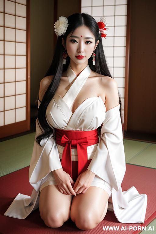 white kimono and red skirt, very long hair, long hair, hair ornament, large breasts, thighs, japanese clothes, japanese clothes, bare shoulders, detached sleeves, wide sleeves, earrings, traditional , kneeling in temple - #main