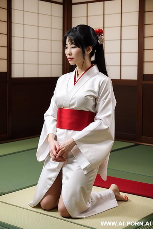 white kimono and red skirt , kneeling in temple - #main