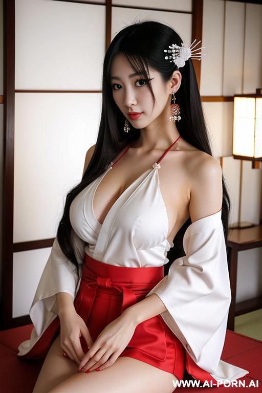 white kimono and red bottom, very long hair, long hair, hair ornament, large breasts, thighs, japanese clothes, japanese clothes, bare shoulders, detached sleeves, wide sleeves, earrings, traditional , temple - #main