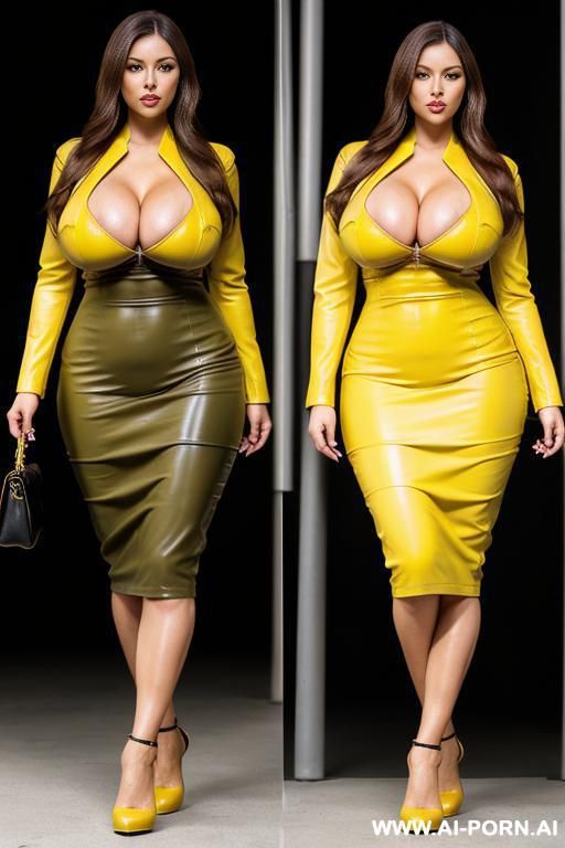(photo realistic), (beautiful milf) (brunette) (huge boobs) (high heels) (tight yellow leather pencil dress) (full body shot) (show me head to toe whole body) - #main