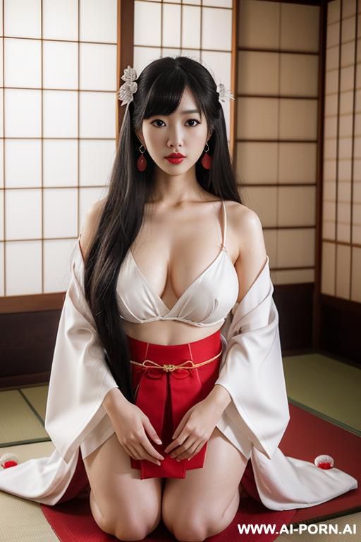 white kimono and red bottom, very long hair, long hair, hair ornament, large breasts, thighs, japanese clothes, japanese clothes, bare shoulders, detached sleeves, wide sleeves, earrings, traditional , kneeling in temple - #main