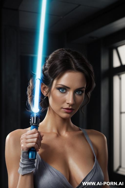 jedi woman, finely detail, ultra detailed face, highly detailed skin, highly detailed hands, ((naked breasts)), looking at viewer, (eye contact), light blue eyes, long black hairs, athletic figure, - #main