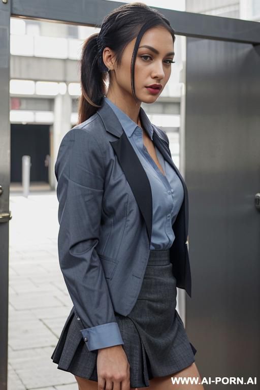 a beautiful fit of th standard, lipstick, ponytail hairstyles, skin, wear uniform, a lite blue shirt with a dark gray short skirt and a dark gray blazer, standing ahead of entrance gate, crowded - #main