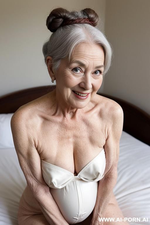 old woman. she is totally naked ,she sits on a bed, she has got her arms upon her head so we can see her armpits, she has got grey hair and a hairy twat, she is smiling, we can see her beautiful feet - #main