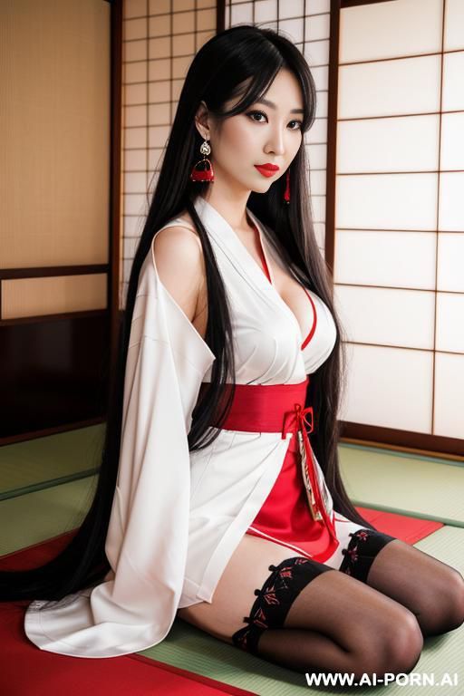 white kimono and red bottom, very long hair, long hair, hair ornament, large breasts, thighs, japanese clothes, japanese clothes, bare shoulders, detached sleeves, wide sleeves, earrings, traditional - #main
