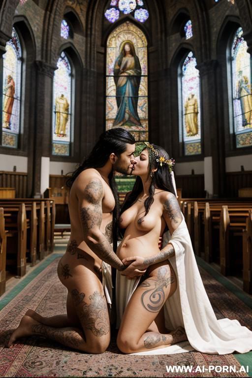 three pregnant totally naked women kneeling behind latino man, keep man in picture - #main