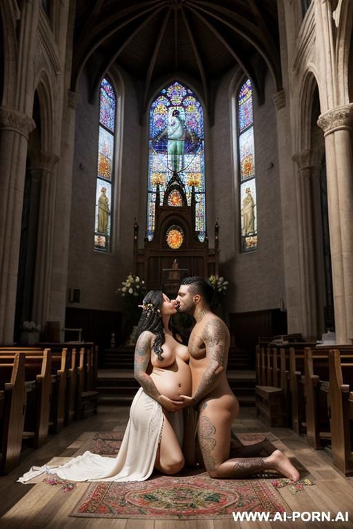 three pregnant totally naked women kneeling to latino man, keep man in picture - #main