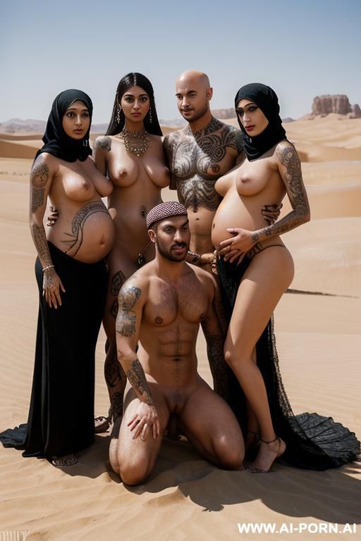 three pregnant totally naked arabic women kneeling in front of bald groom standing, keep man in picture, clean picture, ultra realistic, crucifix in picture, wooden cross in picture - #main
