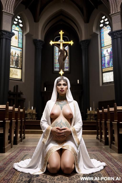 three pregnant totally naked arabic women kneeling , totally naked white man sitting , keep man in picture, clean picture, ultra realistic - #main