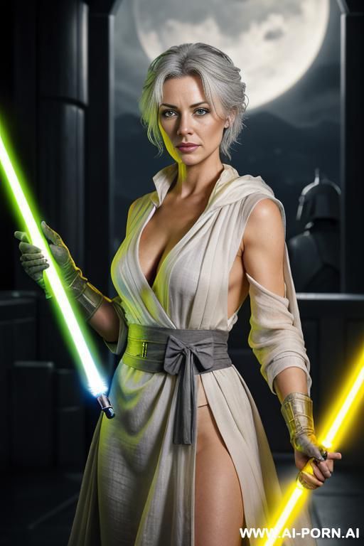 master jedi woman, full body view, finely detail, ultra detailed face, highly detailed skin, highly detailed hands, (naked breasts), looking at viewer, (eye contact), light gray eyes, short wawy - #main