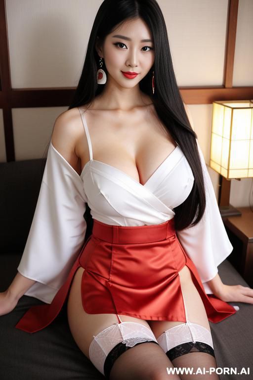 white kimono and red bottom, very long hair, long hair, hair ornament, large breasts, thighs, japanese clothes, japanese clothes, bare shoulders, detached sleeves, wide sleeves, earrings, traditionally - #main