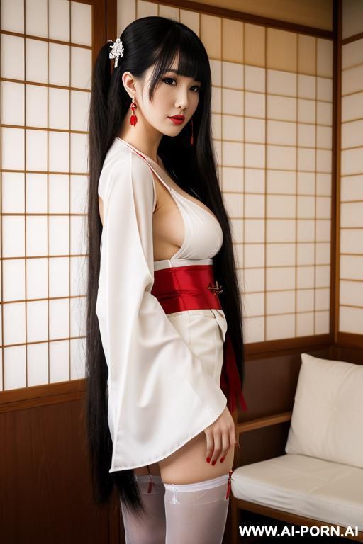white kimono and red bottom, very long hair, long hair, hair ornament, large breasts, thighs, japanese clothes, japanese clothes, bare shoulders, detached sleeves, wide sleeves, earrings, traditional - #main