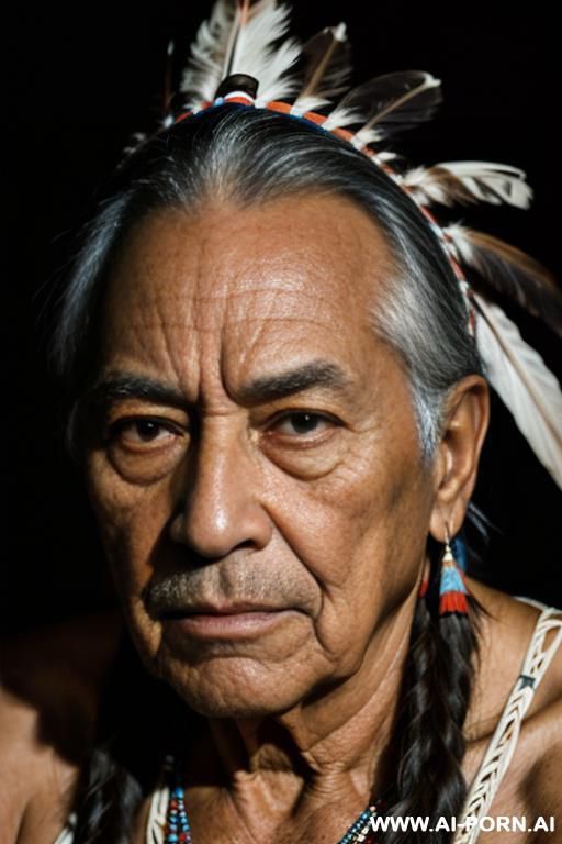 photo realistic, native american, portrait of an old man. heavily side lit, lots of shw. lots of contrast. deeply lined skin. deep set eyes. quarter view. looking to the right - #main