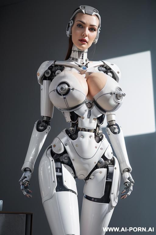((realistic very detailed total robotic meccanics body, beautiful cyborg robot woman)),(( to four k quality)) ( artificial meccanics big boobs covered only total skin latex white) natural face, - #main