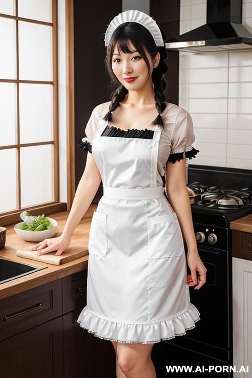 maid outfit, standing, cooking on kitchen, white frilly apron, black long hair, half up braid, holding usil, pot, - #main