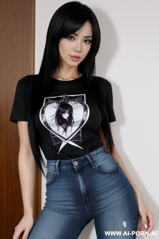 black hair, long hair, anime, breasts, t-shirt, jeans hotpants, touching pussy - #main
