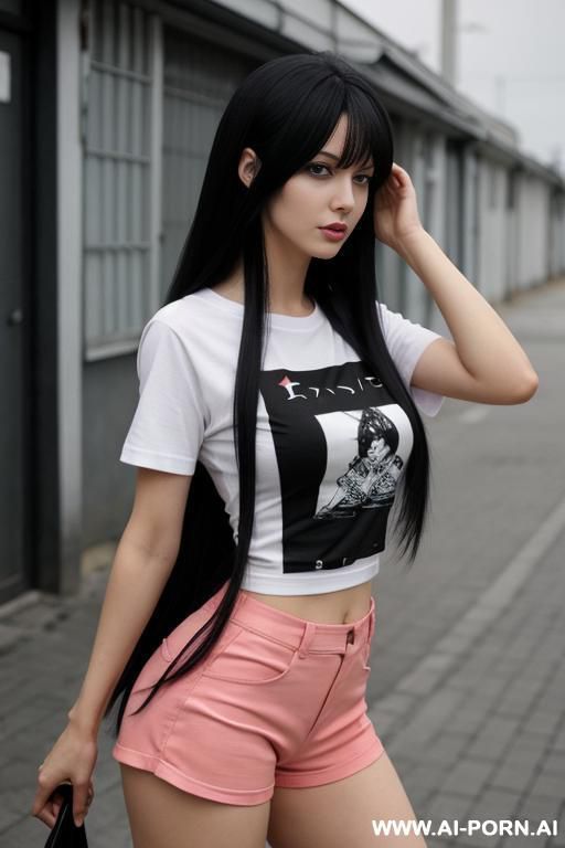 black hair, long hair, anime, breasts, t-shirt, hotpants, russia - #main