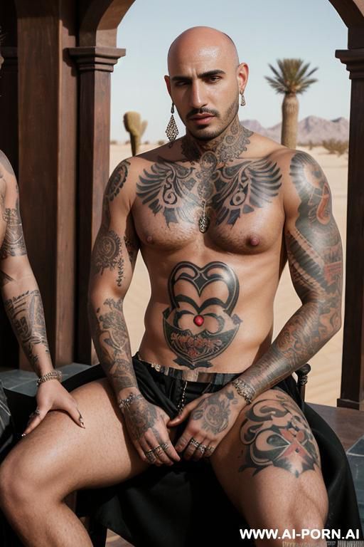 bald latino man sitting on throne with three beautiful arabic goddess worshipping him - #main