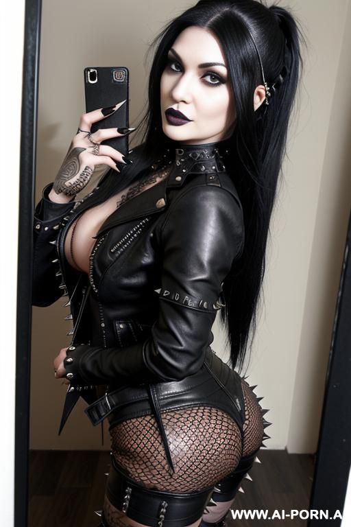 ((((persian goth)))) with (((((( natural tits)))))) and (((long hair))) , (((tight spiked black leather jacket))) (((tight spiked black leather hotpants))) (((boots))) ((((big ass)))) (((fishnet stockings))) (((selfie))) (((chains))) (((tattoos))) - #main