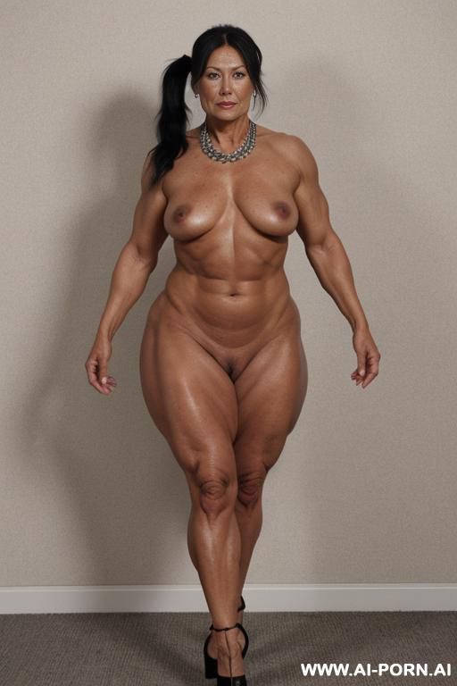 totally naked, totally nude, naked, nude, no clothes, body, arms, narrow waist, saggy tits, ((wide hips)), big ass, round ass, thick thighs, ((muscular legs)), full body view, high heels, hip chain, - #main