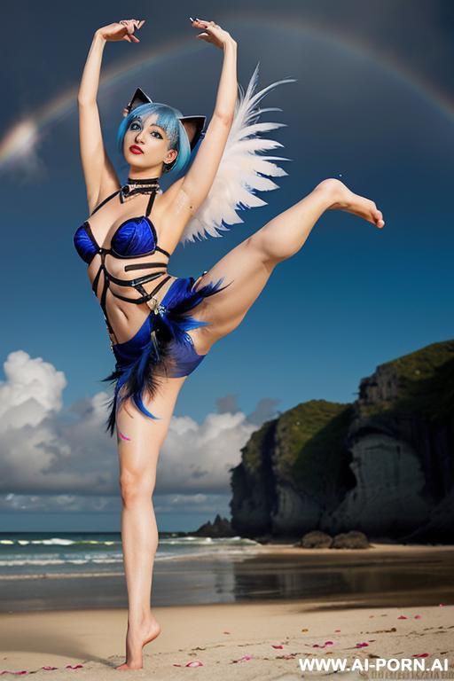 face, sexy, beautiful, ((face painting)), ((body painting)), ((bikini as seashell)), ((roses)), ((eyes shw)), ((angel wings)), ((rainbow hair)), ((glitter)), ((long bu hair)), ((heterochromia eyes)), ((wind)), - #main
