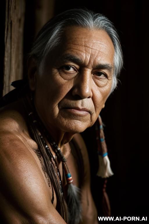 photo realistic, native american, portrait of an old man. heavily side lit, lots of shw. lots of contrast. deeply lined skin. deep set eyes. quarter view. looking to the right - #main