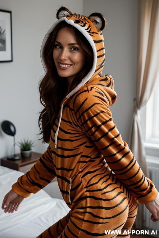 beautiful woman, pretty face, make up free, long wavy hair, wearing a tiger onesie whith hood, second skin onesie, bottom back view, - #main