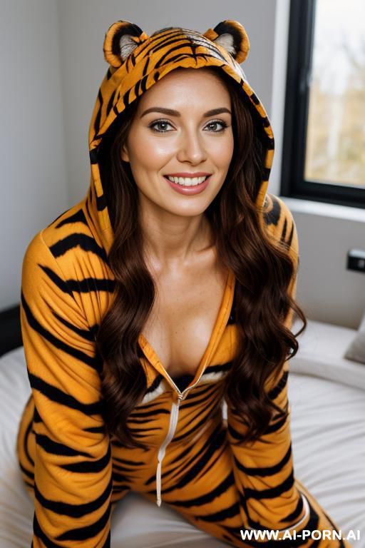 beautiful woman, pretty face, make up free, long wavy hair, wearing a tiger onesie whith hood, second skin onesie, bottom view, - #main
