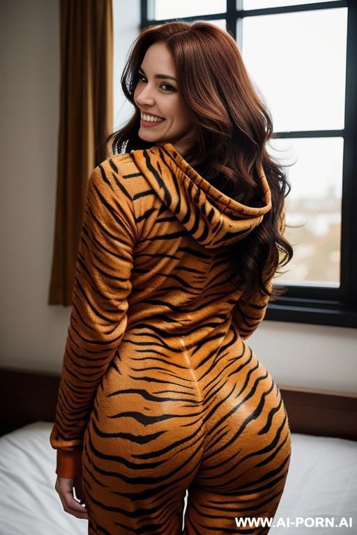 beautiful woman, pretty face, make up free, long wavy hair, wearing a tiger onesie whith hood, thight second skin onesie, back view, - #main