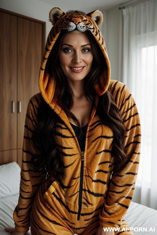 beautiful woman, pretty face, make up free, long wavy hair, wearing a tiger onesie whith hood, second skin onesie, holding a pilow, - #main