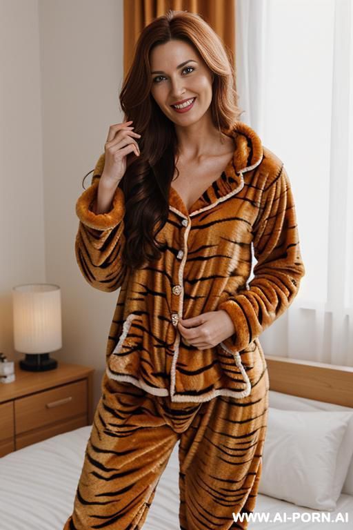 beautiful woman, pretty face, make up free, long wavy hair, wearing a tiger onesie pajama, tight onesie, holding a pilow, - #main