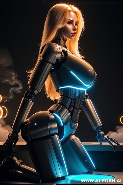 damaged robot, side view, full body view, lying on back on lab table in spaceship, straight body, straight arms, straight legs, looking at viewer, beautiful angry human face with tanned silicone - #main