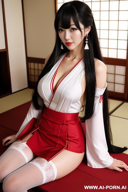 white kimono and red bottom, very long hair, long hair, hair ornament, large breasts, thighs, japanese clothes, japanese clothes, bare shoulders, detached sleeves, wide sleeves, earrings, traditionally - #main