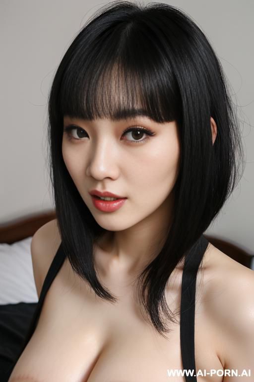 young hong kong chinese woman, tits light frame short, long black hair with bangs, thick plump lips, slightly chubby oval face, spreading pussy with creampie oozing - #main