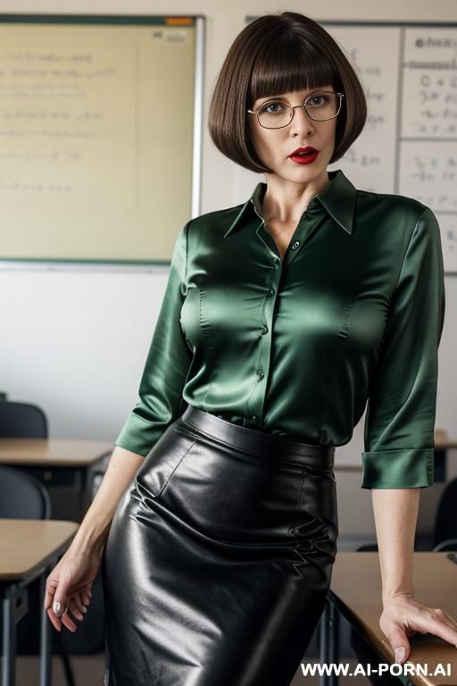 irish, skin, mature teacher, bob hairstyle, pencil skirt, green satin blouse showing some cleavage, glasses, pursed lips, angry expression, strapon dildo - #main