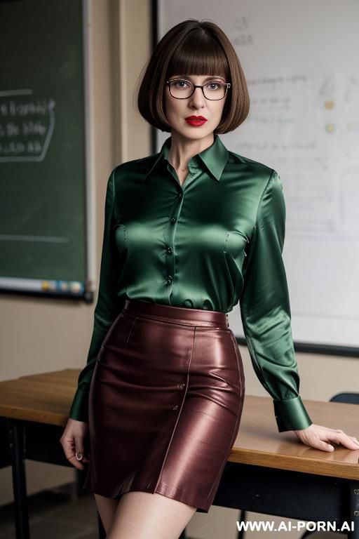 irish, skin, mature teacher, bob hairstyle, pencil skirt, green satin blouse, hard nipples, glasses, pursed lips, angry expression, strapon dildo - #main
