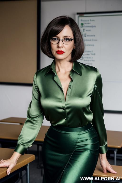 irish, skin, mature teacher, bob hairstyle, pencil skirt, green satin blouse showing some cleavage, glasses, pursed lips, angry expression - #main