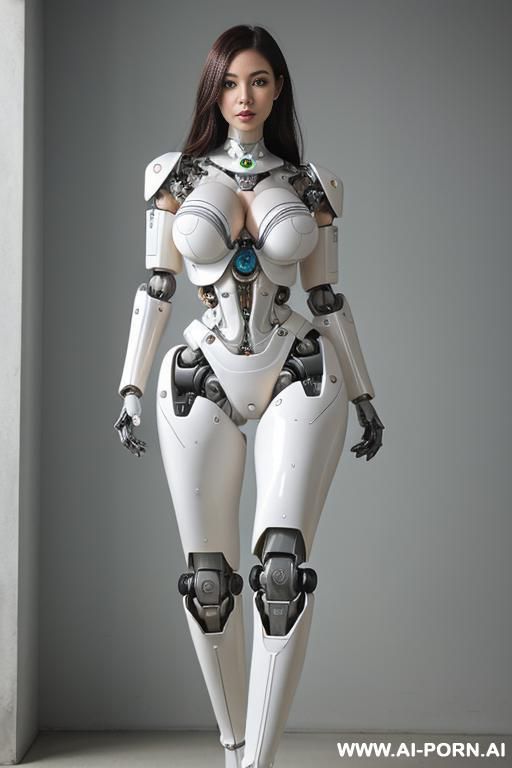 ((realistic four k quality to very detailed robotic body, beautiful cyborg robot shemale)),(( to four k quality)) ( artificial big boobs total covered only latex skin white) natural face, completely made of latex white skin with long legs with boots. - #main