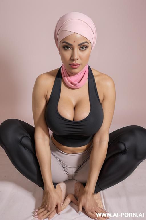 busty horny bimbo, gigantic boobs, gigantic hips, pakistani woman, very wide hips, black eyes, pin up look, big lips, big brown nipples and areolas, in photo studio, white background, (((arabic head scarf))), full body shot, ((naked)), ((pink outfit)) - #main