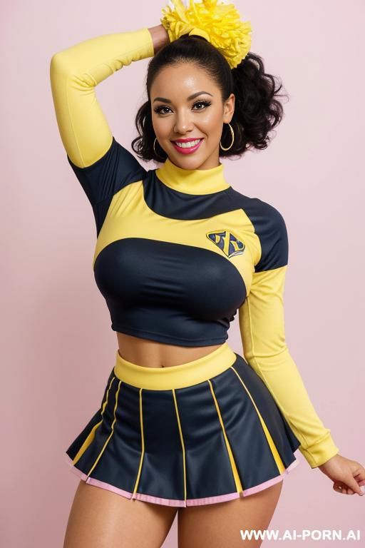 busty horny bimbo, (((very wide hips))), gigantic boobs, african woman, curly black hair, black eyes, pin up look, big lips, big brown nipples and areolas, in photo studio, white background, ((blue and yellow outfit))) - #main