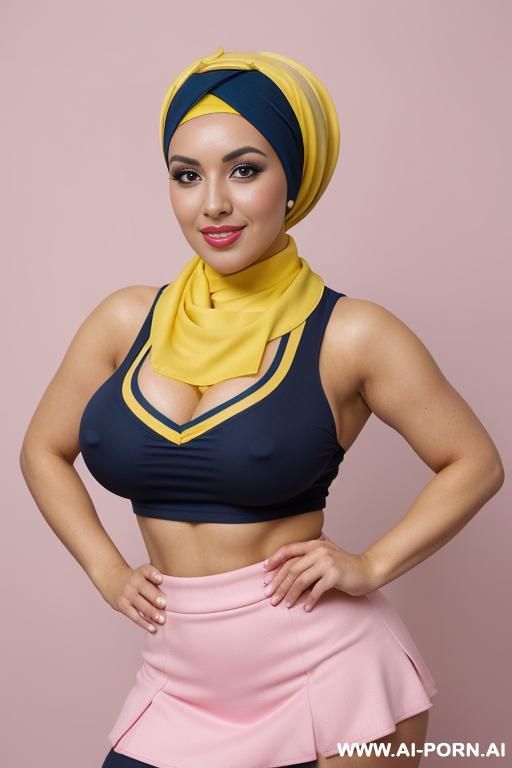 busty horny bimbo, (((very wide hips))), gigantic boobs, arab woman, curly black hair, black eyes, pin up look, big lips, big brown nipples and areolas, in photo studio, white background, ((blue and yellow outfit))), (((arabic head scarf))) - #main