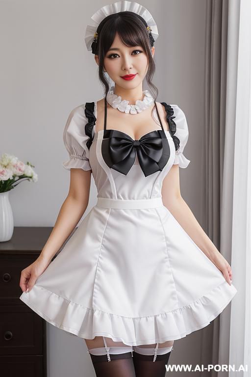maid dress, white frilled headpiece, white apron with bleck bow, black long-sleere dress, detachable white coller , black thigh high stockings (nylon) - #main