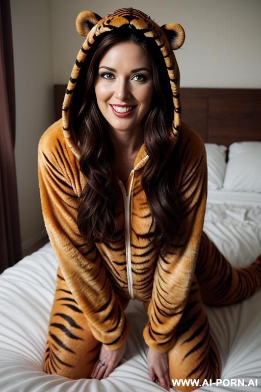beautiful woman, pretty face, make up free, long wavy hair, wearing a tiger onesie whith hood, tight second skin onesie, - #main