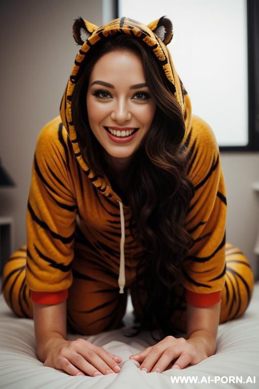 beautiful woman, pretty face, make up free, long wavy hair, wearing a tiger onesie whith hood, thight second skin onesie, back view, - #main