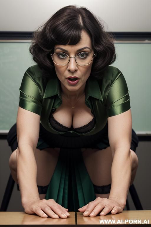 irish, mature teacher, bob hairstyle, tight skirt, green satin blouse showing some cleavage and hard nipples, glasses, angry expression, spitting at camera - #main