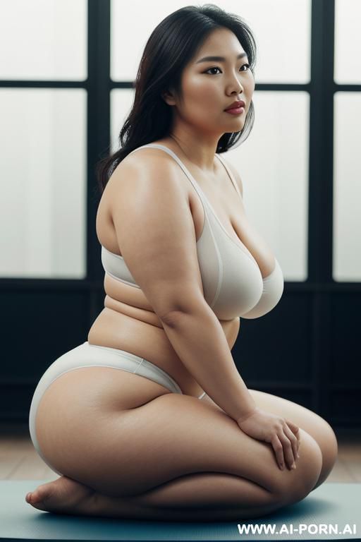 a beautiful obese buxom asian woman in an elegant tabletop yoga pose gy, graceful posture, calm facial expression, soft natural lighting, flowing hair, wearing stylish athletic wear, cinematic - #main